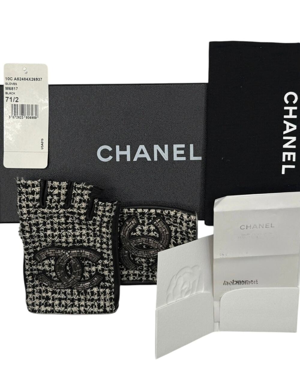 Chanel Black Tweed & Lambskin Fingerless Gloves – Size 7.5